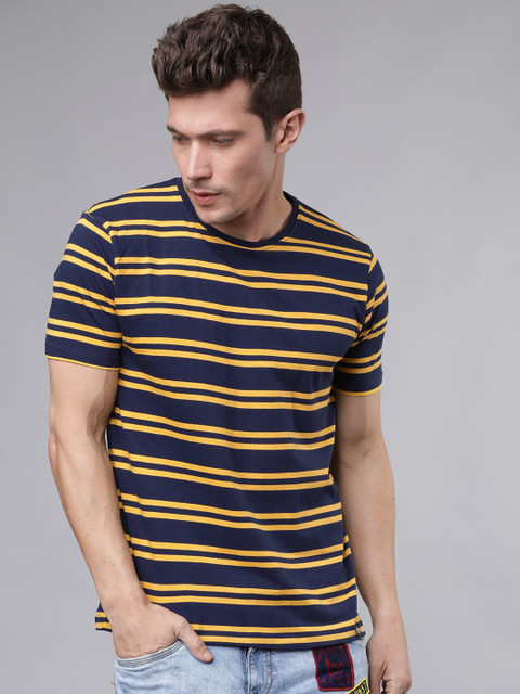 

Ecko Unltd Men Navy Blue & Mustard Yellow Slim Fit Striped Round Neck T-shirt