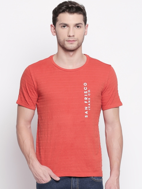 

SF JEANS by Pantaloons Men Coral Orange Printed Round Neck Pure Cotton T-shirt