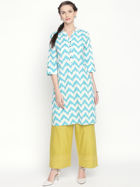 

RANGMANCH BY PANTALOONS Women Turquoise Blue & White Printed Straight Kurta