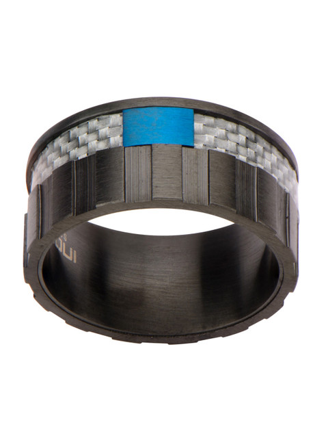

Inox Jewelry Men Blue & Black Stainless Steel Carbon Fiber Banded Block Ring