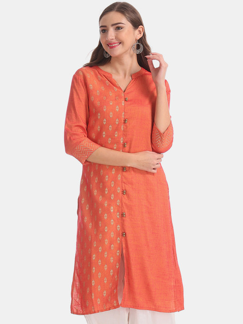 

Karigari Women Orange & Gold-Toned Printed Straight Kurta