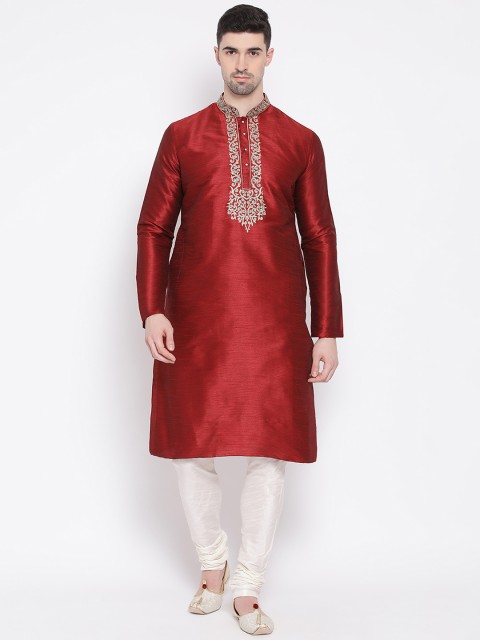 

NAMASKAR Men Maroon & White Solid Kurta with Churidar