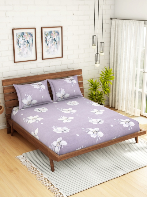 

WELHOME Purple & White Floral 200 TC 1 Microfibre Queen Bedsheet with 2 Pillow Covers