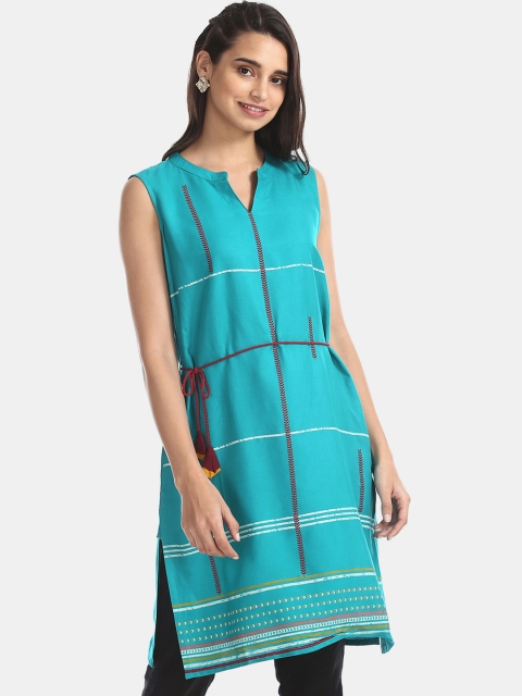 

Karigari Women Sea Green Striped Straight Kurta