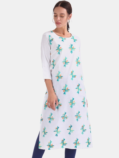 Karigari Women White & Blue Embroidered Straight Kurta