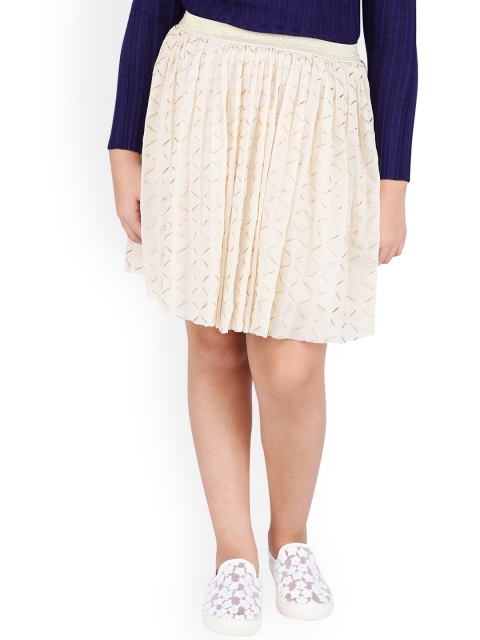 

One Friday Girls Off White & Gold-Toned Printed Knee-Length Flared Skirt