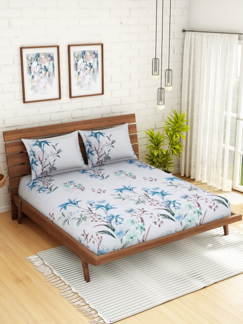 WELHOME Grey & Blue Floral 200 TC 1 Microfibre Queen Bedsheet with 2 Pillow Covers