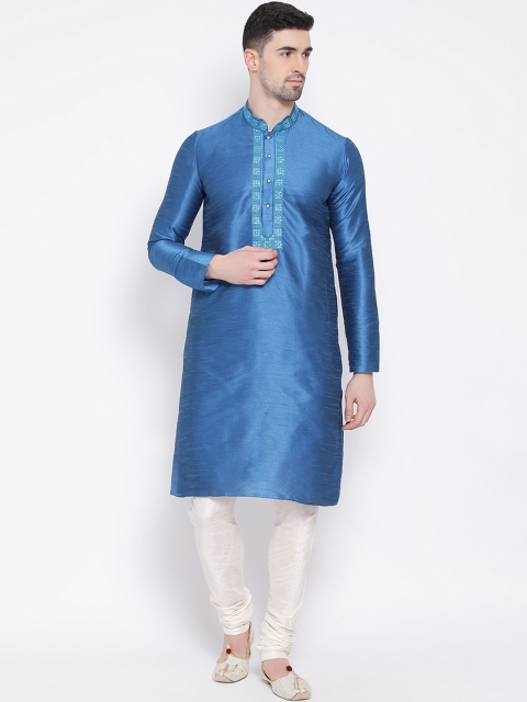 

NAMASKAR Men Blue & White Solid Kurta with Churidar