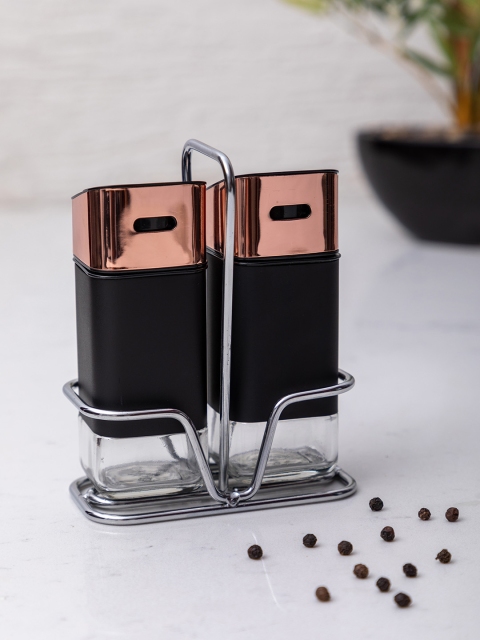

White Gold Set of 3 Transparent & Black Square Salt & Pepper Shakers With Stand