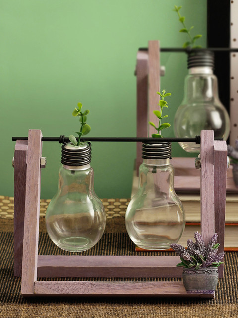 

TIED RIBBONS Transparent & Brown Glass Planter Vase Terrarium With Wooden Stand