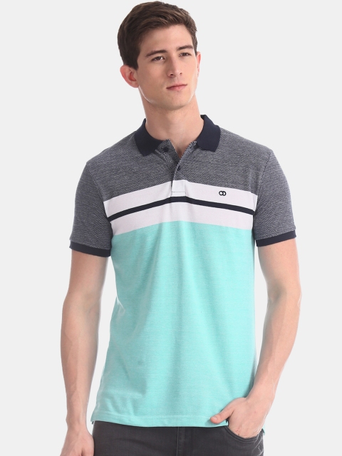 

Ruggers Men Sea Green & Navy Blue Colourblocked Polo Collar T-shirt