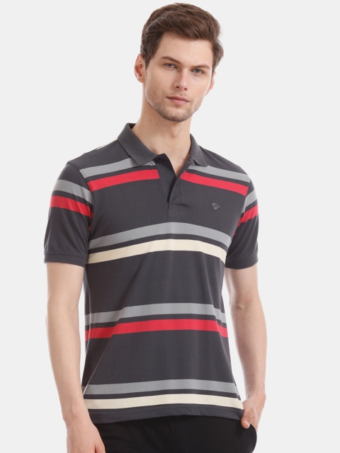

Ruggers Men Charcoal Grey & Red Striped Polo Collar T-shirt