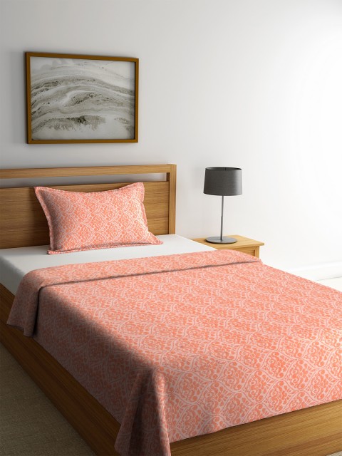 

KLOTTHE Orange Printed Single Bed Cover With 1 Pillow Cover
