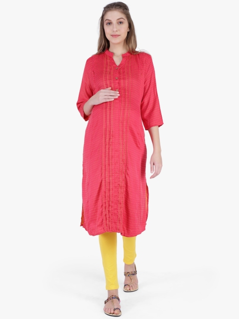 

MomToBe Women Coral Red Embroidered Straight Maternity Kurta