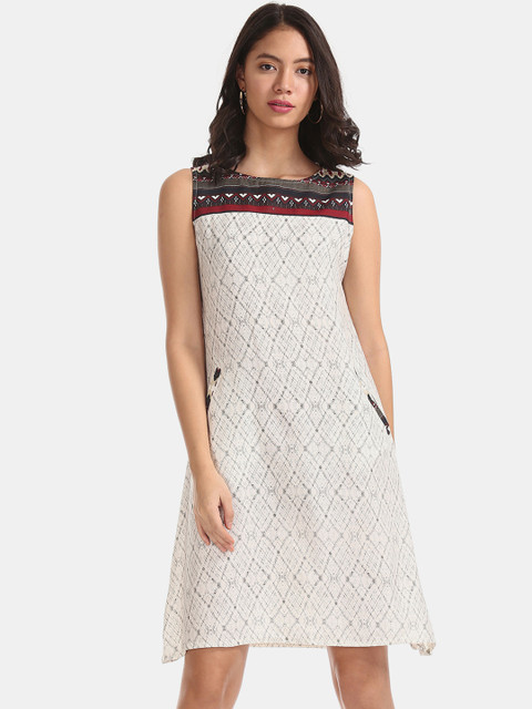 

Bronz Women White Printed A line Dress