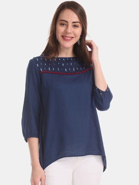 

Bronz Women Navy Blue Solid Tunic With Printed Details