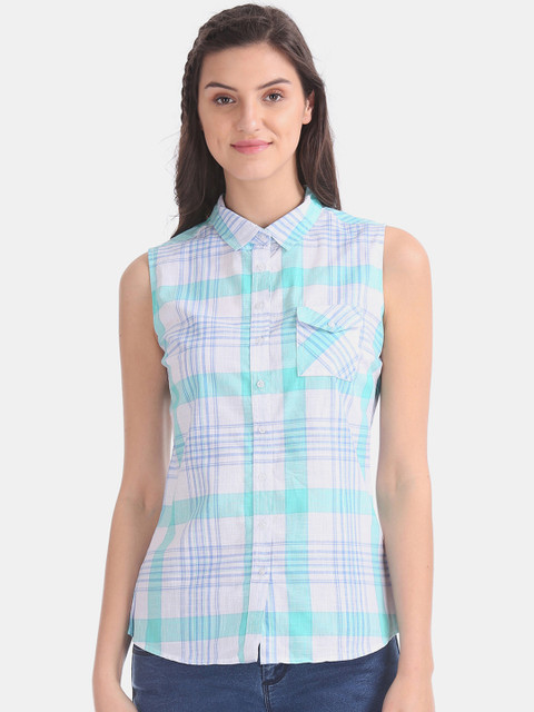 

Cherokee Women White & Blue Regular Fit Checked Casual Shirt