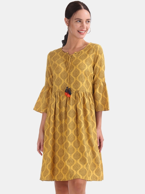

Bronz Women Mustard Printed Fit and Flare Dress
