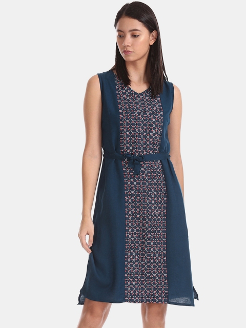 

Bronz Women Navy Blue Printed Fit and Flare Dress