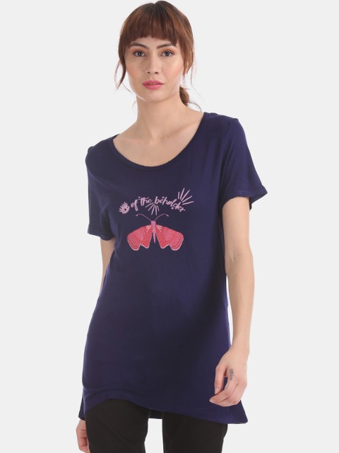 

Sugr Women Navy Blue Printed Scoop Neck Pure Cotton T-shirt