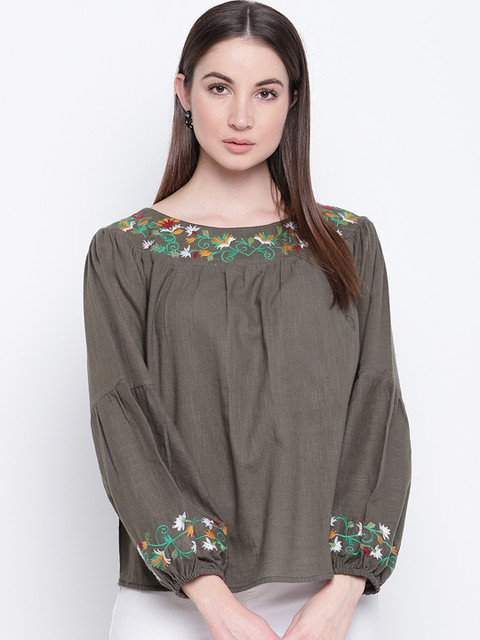 

Mayra Women Olive Green Embroidered A-Line Top