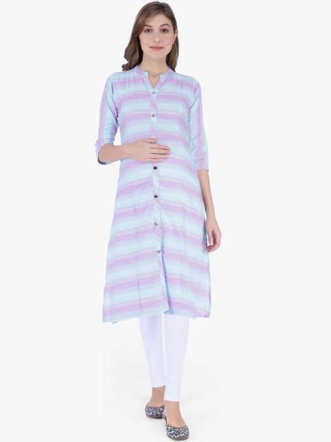 

MomToBe Women Blue & Purple Striped Maternity and Feeding Straight Kurta
