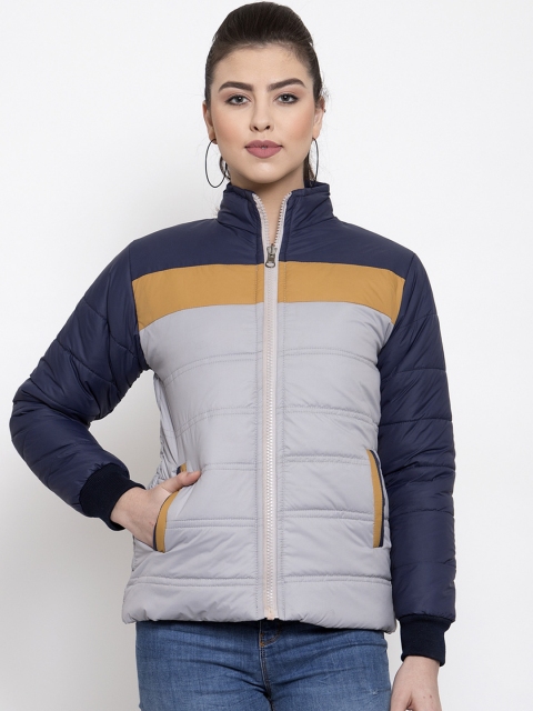 VOXATI Women Grey & Navy Blue Colourblocked Padded Jacket