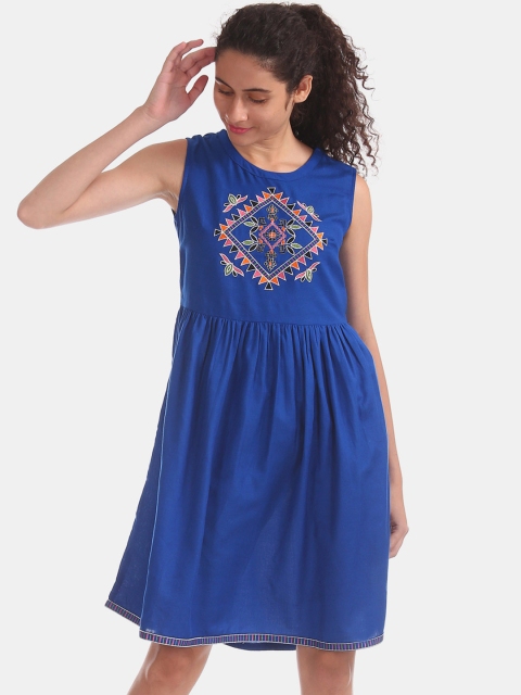 

Bronz Women Blue Embroidered Fit and Flare Dress
