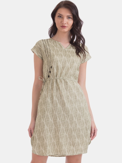 

Bronz Women Olive Green Printed Fit and Flare Dress