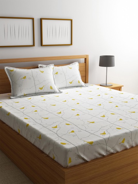 

URBAN DREAM White & Mustard Conversational 210 TC Cotton 1 King Bedsheet with 2 Pillow Covers