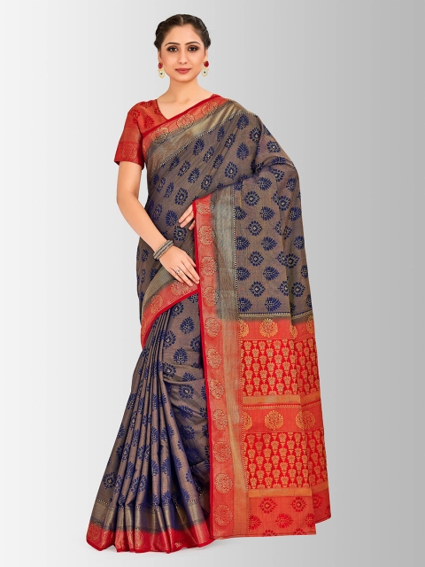 

MIMOSA Navy Blue & Orange Art Silk Woven Design Kanjeevaram Saree