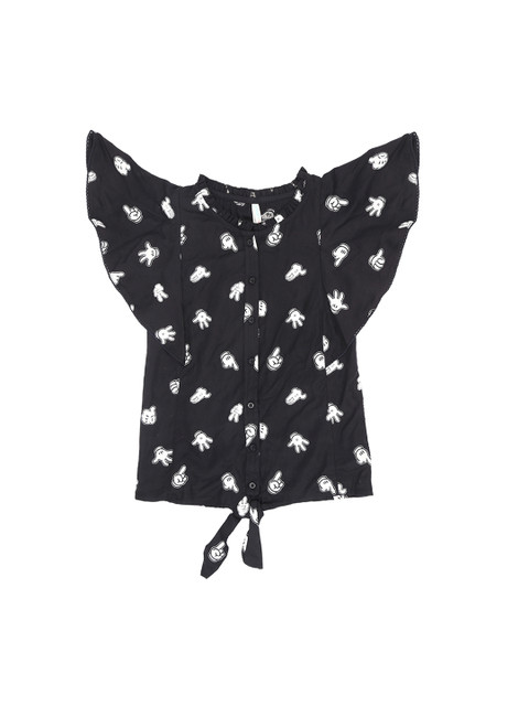 

Pantaloons Junior Girls Black Printed Shirt Style Top