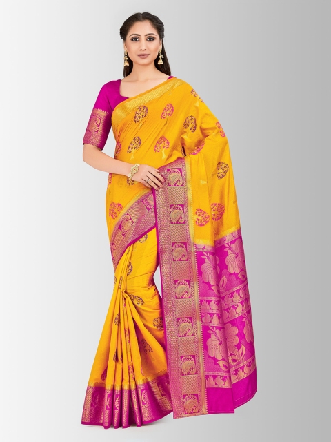 

Mitera Mustard Yellow & Pink Art Silk Woven Design Paithani Saree