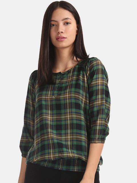 

Cherokee Women Green & Black Checked Blouson Top