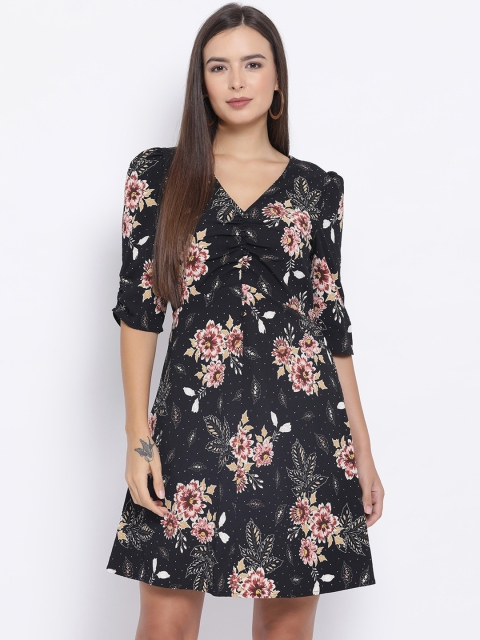 

Oxolloxo Women Black Floral Printed Fit and Flare Dress