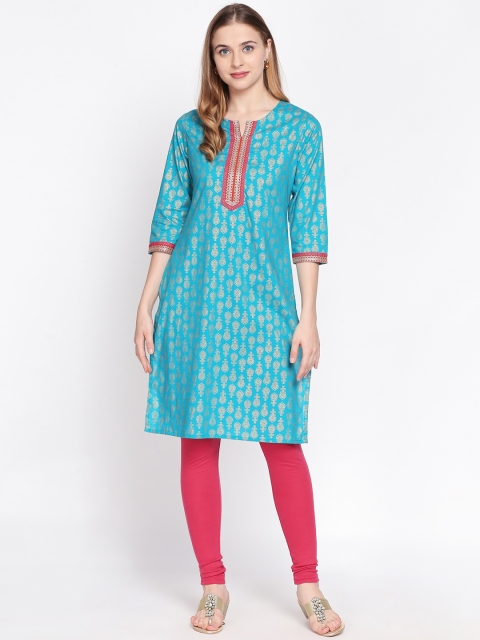 RANGMANCH BY PANTALOONS Women Teal Printed Straight Kurta