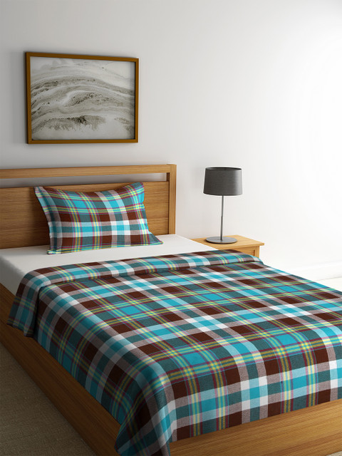 

KLOTTHE Blue & Brown Checked Single Bed Cover With 1 Pillow Cover