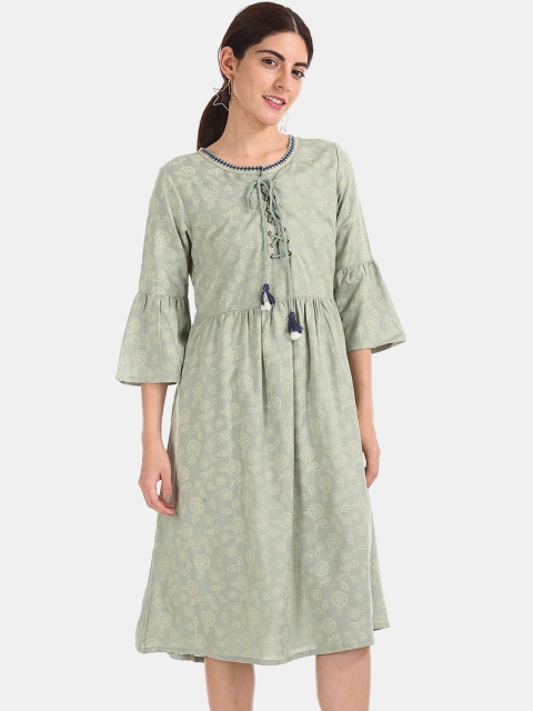 

Bronz Women Sea Green Printed Fit and Flare Dress