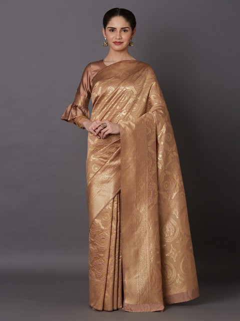 

Mitera Beige Silk Blend Woven Design Kanjeevaram Saree