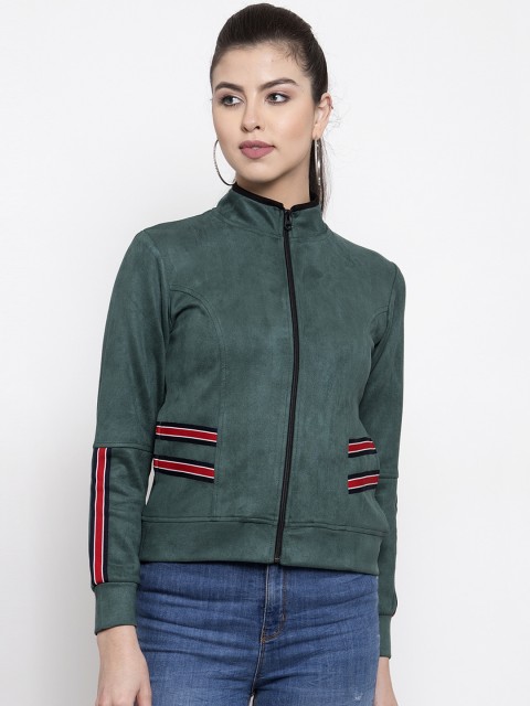 

armure Women Green Striped Suede Lightweight Biker Jacket