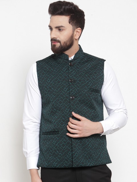 

TAG 7 Men Teal Green & Black Woven Design Nehru Jacket