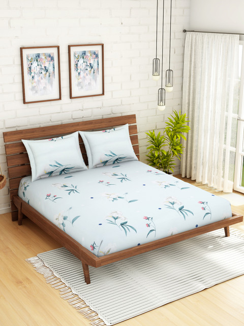 

WELHOME Blue & Pink Floral 200 TC 1 Microfibre Queen Bedsheet with 2 Pillow Covers