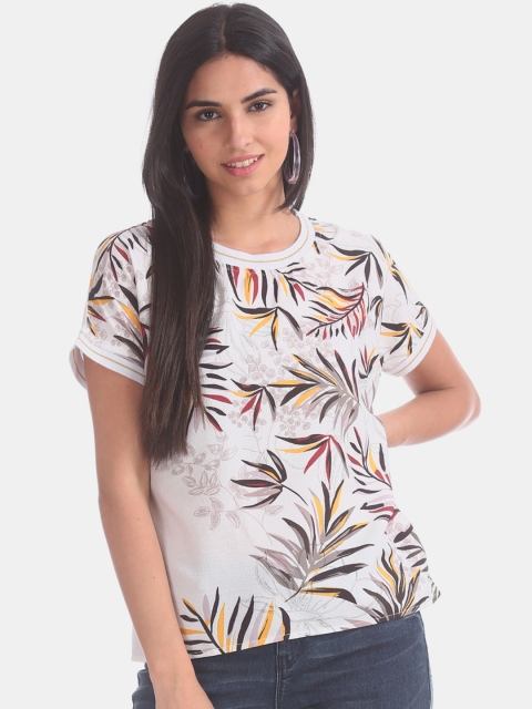 

Cherokee Women White & Grey Tropical Print Top