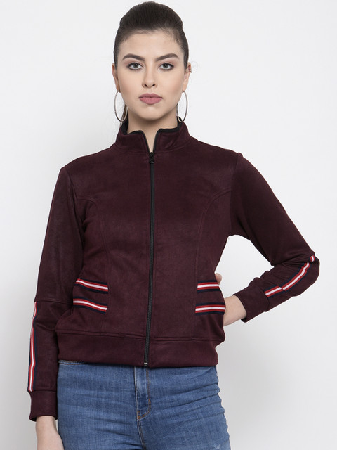 

armure Women Maroon Striped Suede Lightweight Biker Jacket
