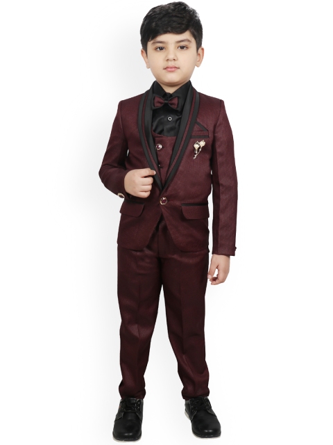 

SG YUVRAJ Boys Maroon & Black Self-Design Tuexdo Party Suit
