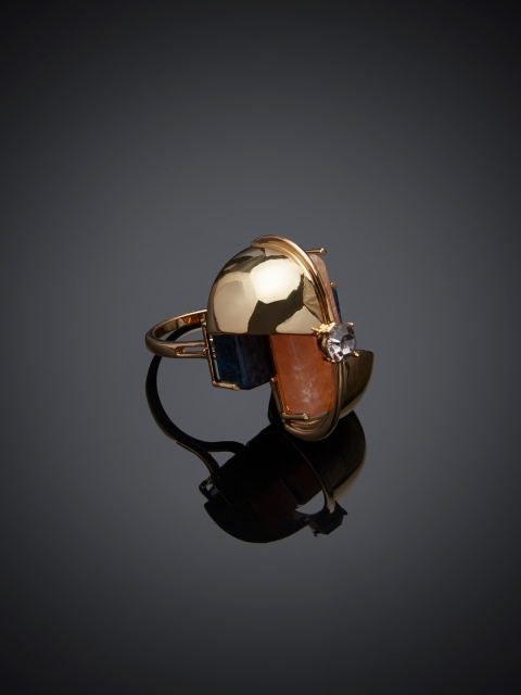

Shaze Gold-Toned & Teal Blue Stone Studded Cupola Cocktail Ring