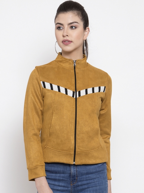 

armure Women Mustard Yellow Striped Suede Lightweight Biker Jacket