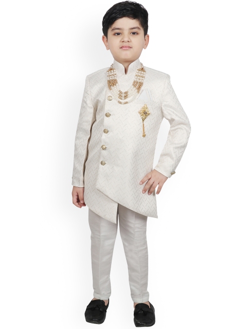 

SG YUVRAJ Boys White Woven Design Sherwani Set