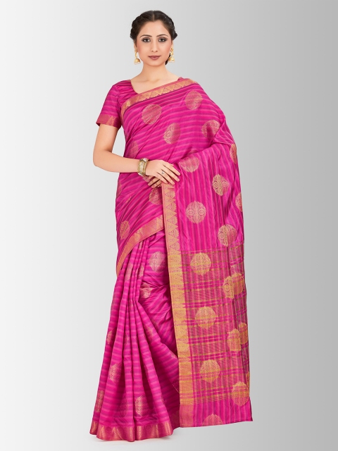 Mitera Pink & Gold-Toned Art Silk Woven Design Kanjeevaram Saree
