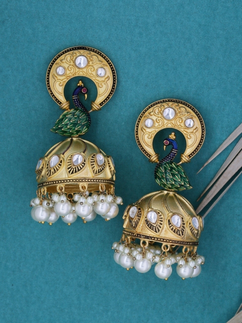 

Tistabene Gold-Plated & Green Enamelled Dome Shaped Jhumkas